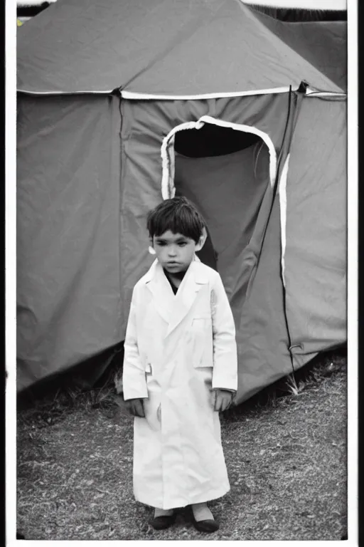 Image similar to photo polaroid of a sad and lonely child in a white coat stands in the middle many big tents of field hospitals, pandemic, covid,loneliness, black and white ,photorealistic, 35mm film,