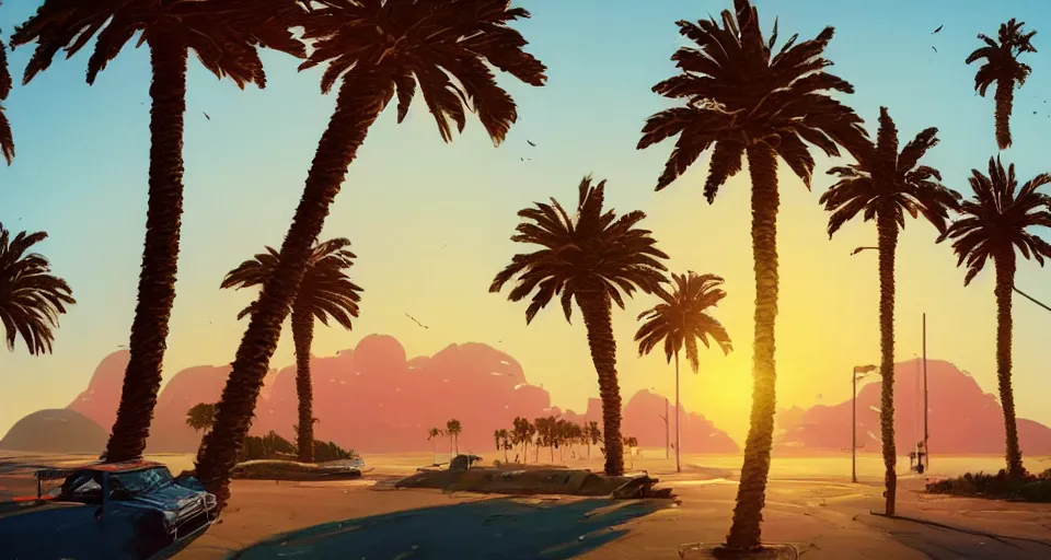 Prompt: Californian beach landscape with palmtrees and a sunset, large sunset, cinematic, synthwave style, rendered by simon stålenhag, rendered by Beeple, Makoto Shinkai, syd meade, environment concept, digital art, unreal engine, 3 point perspective, WLOP, trending on artstation, low level, 4K UHD image, octane render,
