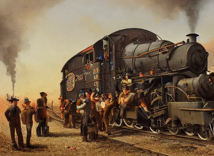 Image similar to detailed painting of railroad workers drinking wine and having fun against the backdrop of a steam locomotive advancing right ahead of them by ivan aivazovski