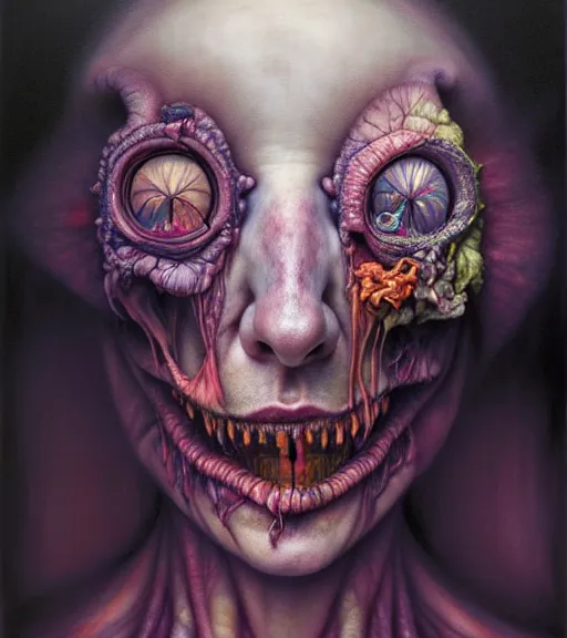 Image similar to portrait, stranger psycho by michael page, alyssa monks, julie heffernan, glenn brown, naoto hattori, brian froud, nicola samori, paolo roversi, kilart, 8 k, hyper detailed.