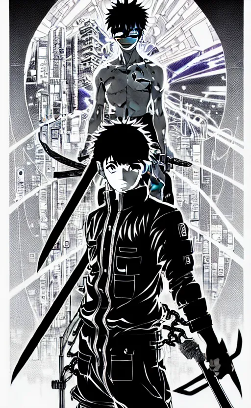 Image similar to an intricate detailed main cover of the manga, a strong male anime hero with two magical swords, in neo tokyo cyberpunk city with spirit sight, by Katsuhiro Otomo + Sui Ishida, in the anime Ghost In the Shell, trending on artstation + clean lines + lineart +clean edges