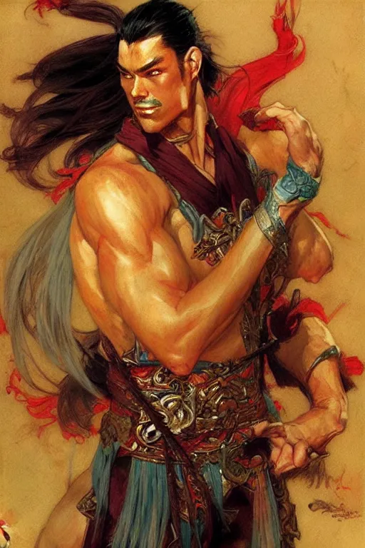 Image similar to wuxia, beefy male, character design, colorful, painting by gaston bussiere, craig mullins, j. c. leyendecker, tom of finland