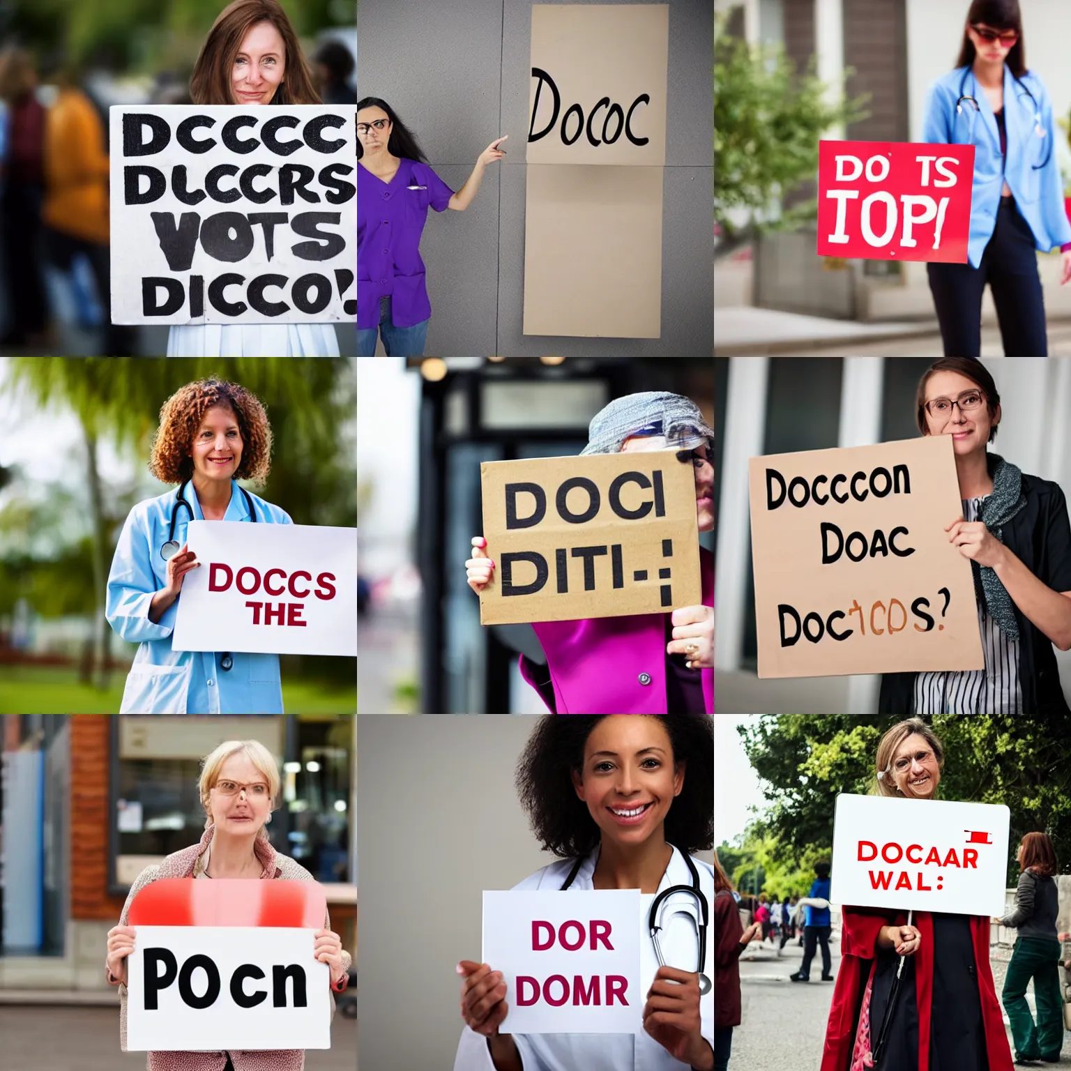 Prompt: 'DOCTOR': A woman holding a sign that says 'DOCTOR'