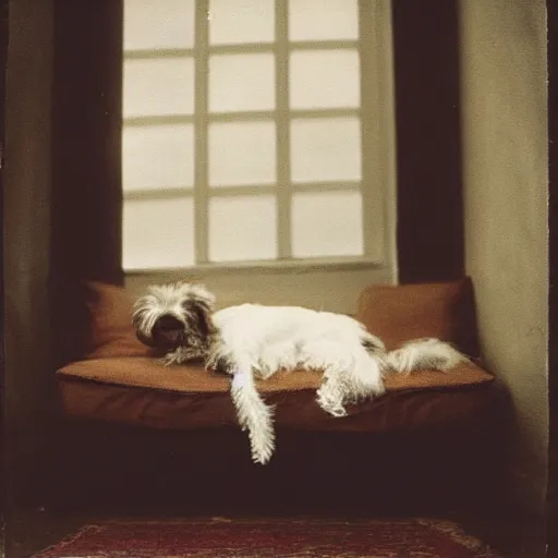 Image similar to a photograph of an old yorkish terrier sleeping on a couch below a window