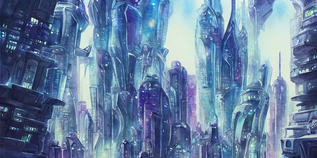 Image similar to futuristic city, exquisite masterpiece watercolor painting, trending on artstation