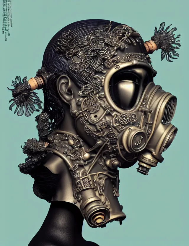 Image similar to 3 d goddess close - up profile punk portrait with vintage gas mask ram skull. beautiful intricately detailed japanese crow kitsune mask and clasical japanese kimono. betta fish, jellyfish phoenix, bio luminescent, plasma, ice, water, wind, creature, artwork by tooth wu and wlop and beeple and greg rutkowski