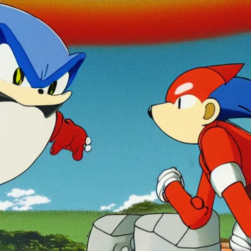 Prompt: beautiful illustration of dr robotnik looking up lovingly at sonic the hedgehog. animation frame from the studio ghibli film by miyazaki.