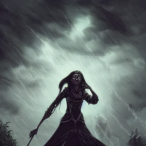 Prompt: a tarot card of a two female necromancers casting spells, ominous nighttime storm, fantasy, d & d, intricate, elegant, highly detailed, digital painting, artstation, concept art, matte, sharp focus, illustration, art in the style of disney
