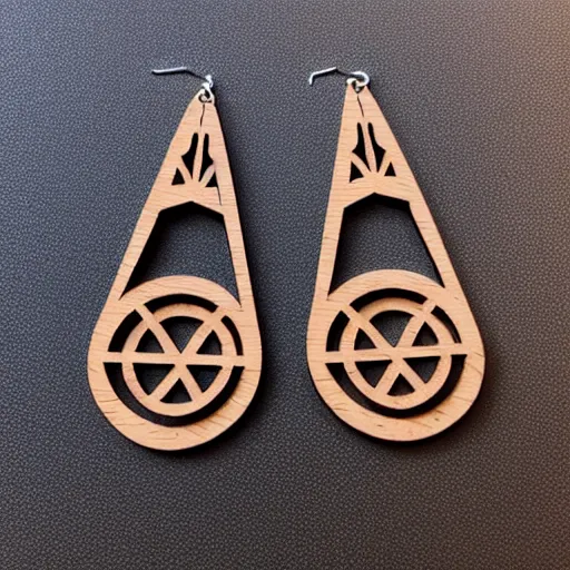 Image similar to 2 d wood lasercut earrings, mystical symbols, 8 k, hd, trending on amazon on artstation, trending on deviantart, trending on etsy, epic digital art