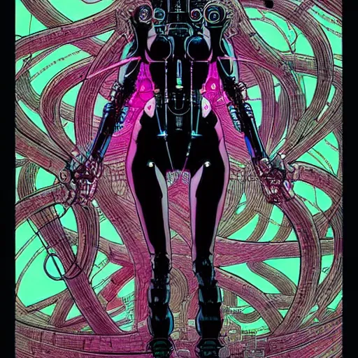 Image similar to a portrait of a beautiful cybernetic woman connected to a synthesizer from hell, wires, cyberpunk concept art by josan gonzales and philippe druillet