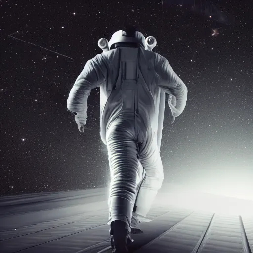 Prompt: mysterious man in silver space suit, walking on an industrial catwalk with stairs that lead nowhere, floating in deep space, black background, 4 k photograph, isometric view