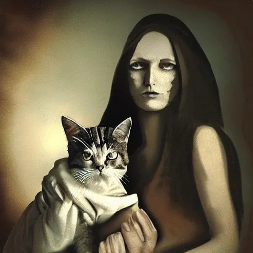 Image similar to it features a woman sitting with a cat on her lap. the woman is a bit spooky looking... her eyes glow with an unearthly light. indeed, she is nearly demonic.