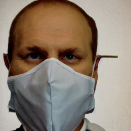 Image similar to portrait of a suited blond with medical gloves and a skull face mask.