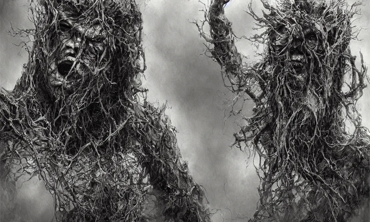 Image similar to swamp thing, upward angle, dramatic low lighting, by bill sienkiewicz, kyle hotz and stephen gammell, extremely hyperdetailed, photorealism, 4 k, 8 mm, octane