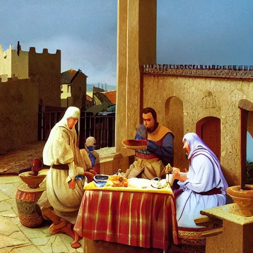 Prompt: ' a medieval turkish nobleman takes breakfast at his coastal manor with his family '. matte painting by angus mcbride, digital matte painting with high fidelity realistic textures and figures.