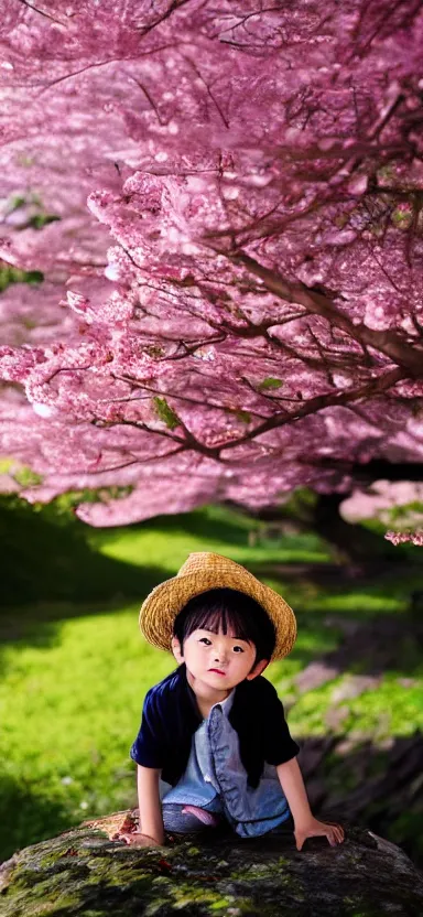 Image similar to “ a portrait of luffy as little kid at a sakura tree, side shot, by shunji dodo, 8 k resolution, photo, high quality ”