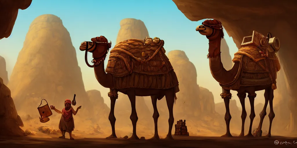 Prompt: an anthropomorphic camel that is a merchant, village trader, caves of qud, matte oil painting, retrofuturistic, concept art, science fantasy, post - apocalyptic, mutant, rpg, epic, rust, salt, plants, dungeons & dragons, toxic, sharp focus, award - winning, extremely detailed, 4 k, 8 k