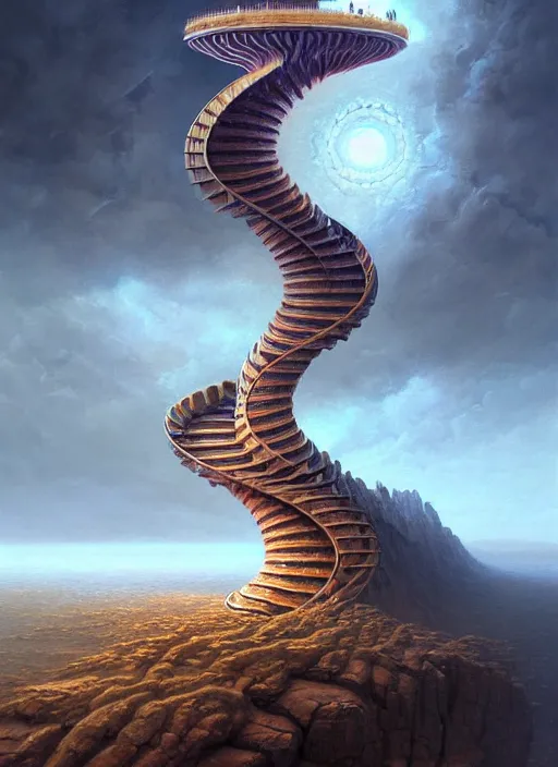 Image similar to a hyper - detailed 3 d render like a oil painting of the construction of a upward spiral, surrealism!!!!! surreal concept art, lifelike, photorealistic, digital painting, aesthetic, smooth, sharp focus, artstation hd, by greg rutkowski, bruce pennington, valentina remenar and asher duran,
