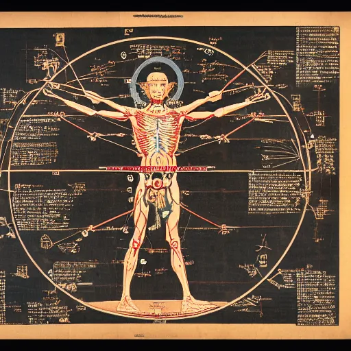 Image similar to a brilliantly colored scroll of an exploded diagram of a detailed engineering schematic of a cyborg samurai in the pose vitruvian man in the style of jean giraud