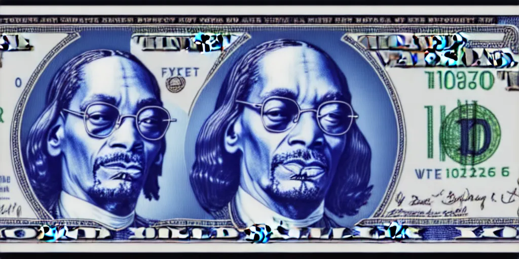 Prompt: currency design like a dollar bill, blue, with the design of Snoop Dogg with a cigar and glasses printed on currency paper, currency symbols printed, highly detailed, realistic, octane render, uplight