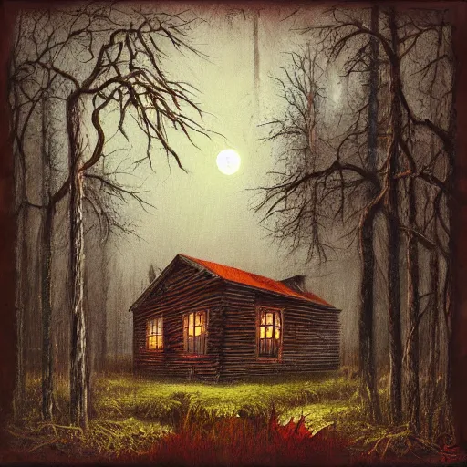 Image similar to a painting of a Eerie cabin in the middle of the woods in the style of a death metal album cover