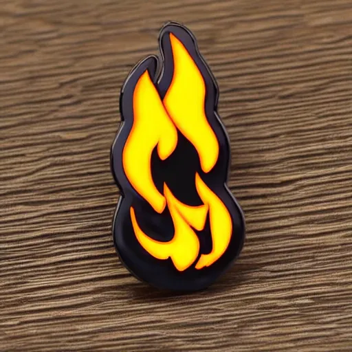 Image similar to a diamond enamel pin of a retro minimalistic fire flames warning label, smooth curves