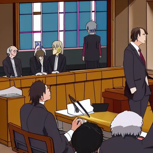 Image similar to Saul Goodman in a courtroom, anime, movie, by studio ghibli