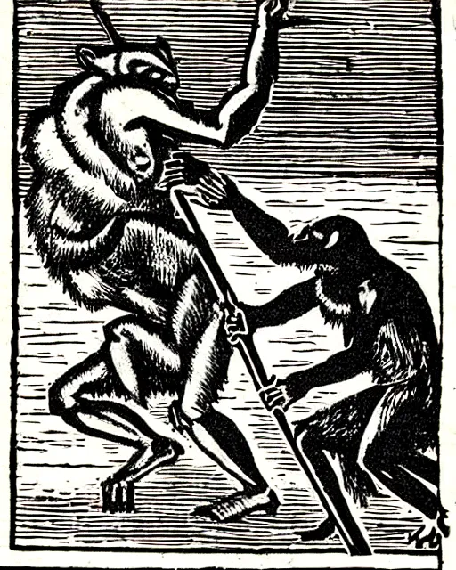 Image similar to woodcut of a lycanthrope being killed by a spear