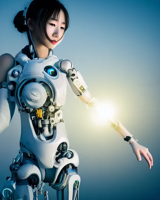 Image similar to beautiful centered photo of korean girl as a solarpunk cyborg with white mechanical parts and implanted bright halogen lamps, treading above calm water, ultra - realistic and detailed, sun lit, white background, bokeh, soft focus, slow exposure hdr 8 k