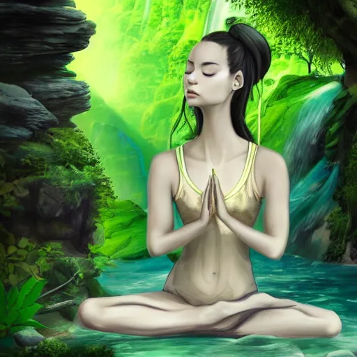 Image similar to a long green ponytail girl meditating on a rock in front of a waterfall, beautiful face, pretty face, digital art, hyper detailed, serene, jungle aesthetic