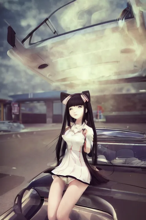 Image similar to art by 3d D. Jun, by 3d Mo Xiang Tong Xiu, Infrared Unreal Engine 3d dark render, beauty anime schoolgirls in Japanese maid's clothes and smoking inside a JDM car at night in a parking lot, anime vintage colors, polaroid, foggy, smoke, steam, parov, daz 3d, octane render, trending on artstation, volumetric light, cinematic render, ultra realistic, oil painting