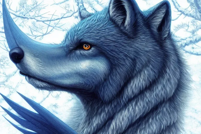 Image similar to blue wolf with wings, facing front, regal, elegant, winter, snow, beautiful, stunning, hd, illustration, epic, d & d, fantasy, intricate, elegant, highly detailed, digital painting, artstation, concept art, smooth, sharp focus, illustration, wallpaper, art by artgerm and greg rutkowski and alphonse mucha and jin xiaodi