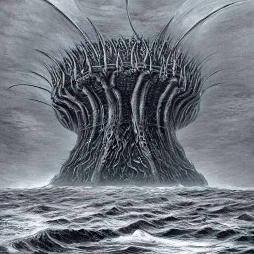 Prompt: A massive eldritch horror rising from the sea inducing megalophobia