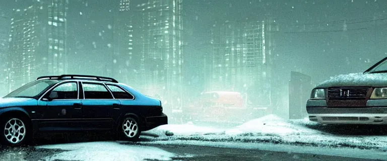 Image similar to Audi A4 B6 Avant (2002), a gritty neo-noir, dramatic lighting, cinematic, eerie person, death, homicide, homicide in the snow, gunshots, establishing shot, extremely high detail, photorealistic, cinematic lighting, artstation, by simon stalenhag, Max Payne (PC) (2001) winter New York at night, In the style of Max Payne 2 graphic novel, flashing lights, Poets of the Fall - Late Goodbye