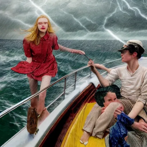 Image similar to Elle Fanning on a boat during a storm, by Norman Rockwell, Extremely detailed. 8K. Award winning.