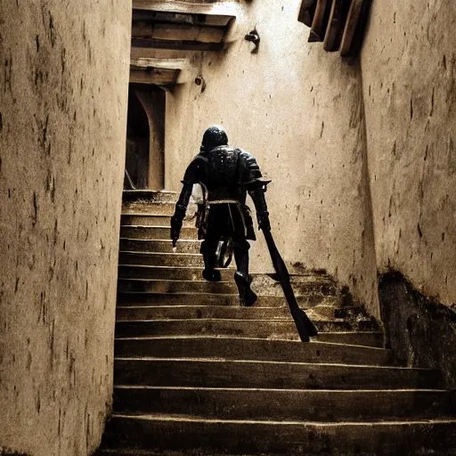 Image similar to a lone knight climbing a staircase to the final enemy, cinematic, 8 k resolution, tense, dark, cloudy, intense, complex, high detail