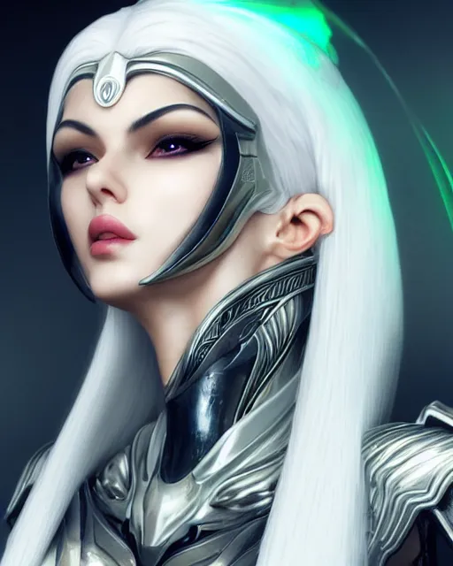 Prompt: attractive white haired egyptian queen wearing white dove wings, warframe armor, regal, attractive, ornate, sultry, sexy, steamy, elize theron, pretty face, green eyes, scifi platform, 4 k, ultra realistic, epic lighting, illuminated, cinematic, black gold, art by akihito tsukushi, voidstar, artgerm