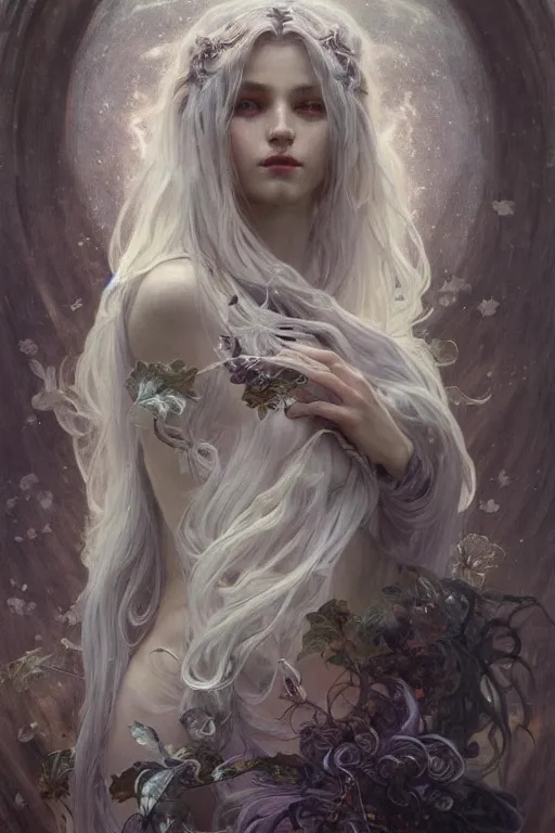 Image similar to goddess of thunderstorm, silver hair, ice eyes, fair skin, lightly dressed, fantasy, intricate, highly detailed, digital painting, artstation, concept art, smooth, sharp focus, art by Artem Demura and Alphonse Mucha, ArtGerm, valentina remenar, ruan jia