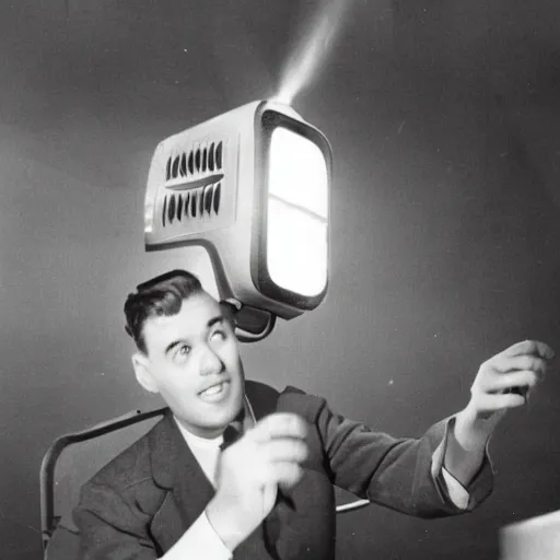 Prompt: a man with a projector for a head, 1950s photo