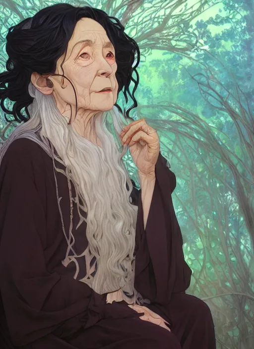 Prompt: wizened old witch with curly shiny shimmering black hair, path traced, highly detailed, high quality, digital painting, by studio ghibli and alphonse mucha, leesha hannigan, hidari, disney