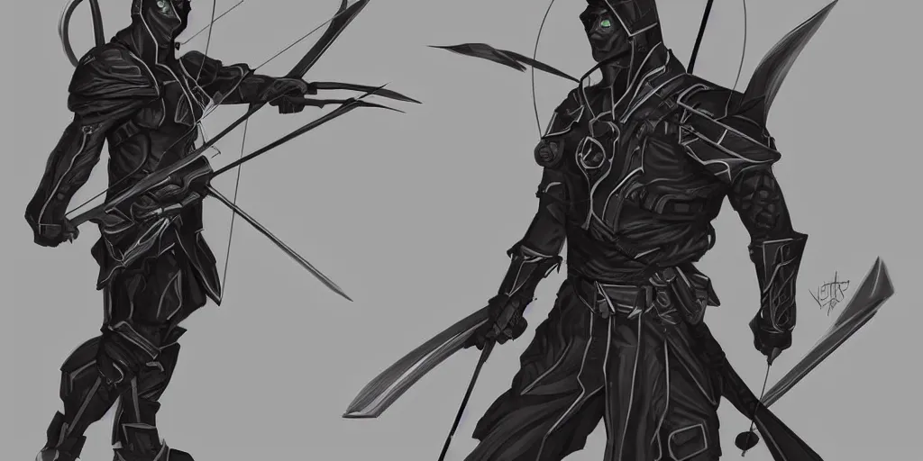 Prompt: character concept art for a dark cyber-archer, detailed illustration, epic poses