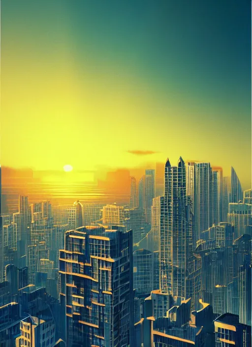 Image similar to highrise buildings, sunset, scenery wallpaper aesthetic, closeup view, beautiful, cinematic, dramatic, super detailed and intricate, hyper realistic, 4 k render, by koson ohara, by darwyn cooke