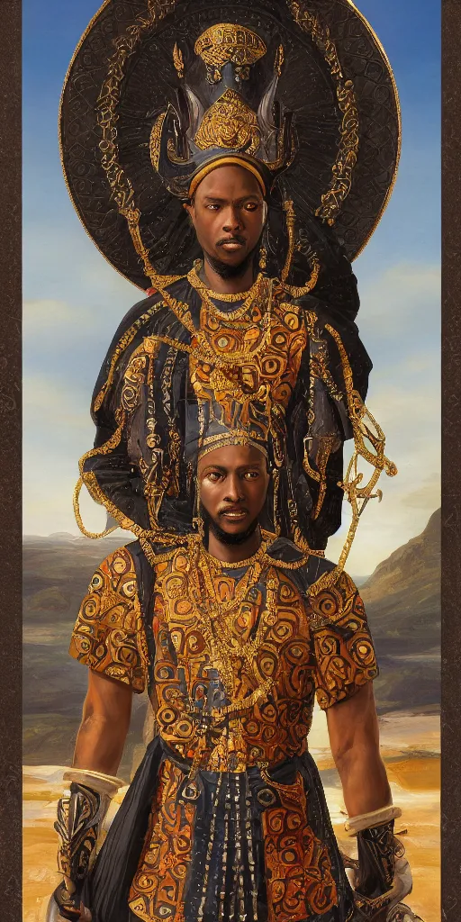 Prompt: a stunning and noble highly detailed romantic period style portrait of Mansa Musa by Josep Tapiró Baró, trending on artstation, oil painting masterpiece, symmetry, mysterious, very very very aesyhetic, African iconography