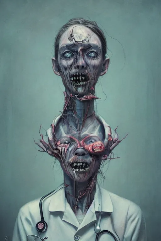 Image similar to surrealism crayon cartoon grunge portrait of a creepy horror nurse girl . intricate artwork. nightmare fuel. terrifying. by zdzisław Beksiński, wlop, dan mumford , trending on artstation, greg rutkowski very coherent symmetrical artwork. cinematic, hyper realism, high detail, octane render, 8k