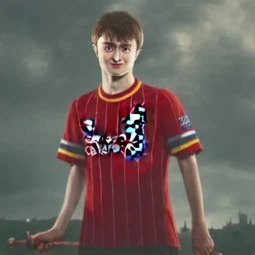 Prompt: portrait of harry potter, daniel radcliffe, wearing a liverpool jersey, highly detailed, masterpiece painting, hr gigor, raphael, 4 k, octane render,