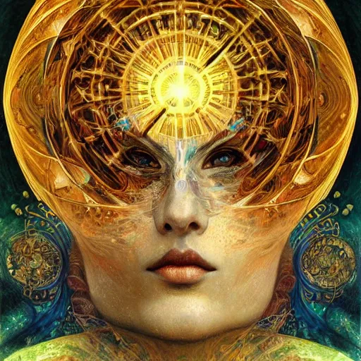 Prompt: Divine Chaos Engine by Karol Bak, Jean Deville, Gustav Klimt, and Vincent Van Gogh, beautiful visionary face portrait, sacred geometry, mystic spirals, otherworldly, fractal structures, ornate gilded medieval icon, third eye