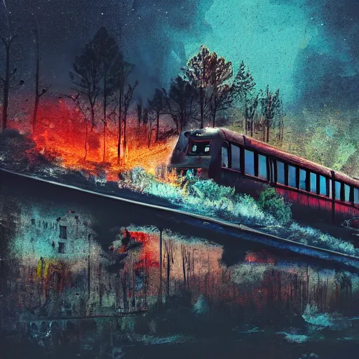 Image similar to subway arriving train decay, building stone big bear shape, expressive painting, colorful, detached dreams, Ultra-Wide Angle, Long double Exposure, black night sky wolves with burned trees, photography, highly detailed, super realistic, cinematic colors