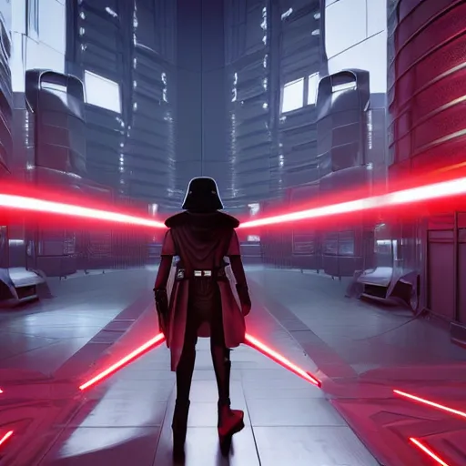 Image similar to photo of Darth Revan walking in a futuristic city in a dystopian future made of electronic components and looks like a giant pcb board. Very detailed 8k. Unreal engine 5 render with nanite, global illumination and path tracing. Cinematic post processing. Emphasize on the colors black and red.