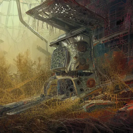 Image similar to highly detailed intricate digital painting of a derelict futuristic machine covered in mystical foliage, trending on artstation, 4k, award-winning art, beautiful somber melancholic atmosphere