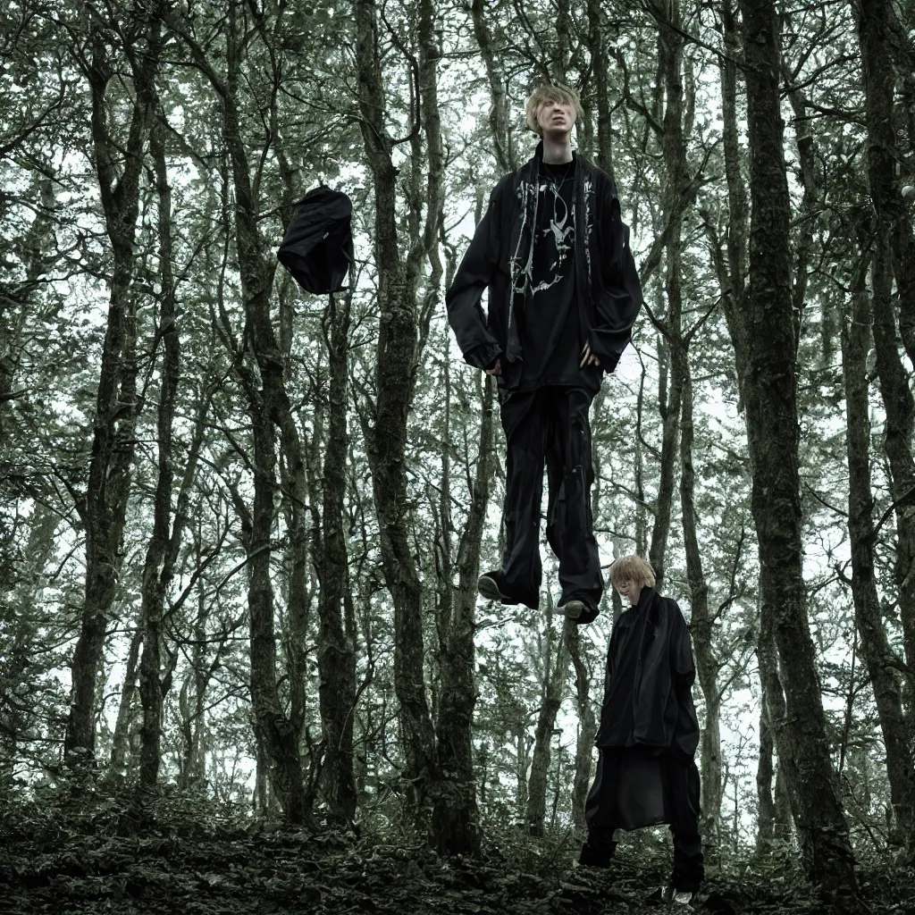 Image similar to cinematic still of bladee in dark forest, XF IQ4, f/1.4, ISO 200, 1/160s, 8K, RAW, dramatic lighting, symmetrical balance, in-frame